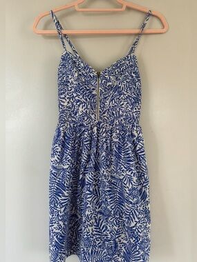 Roxy Blue and White Leaf-Print Spaghetti Strap Sundress